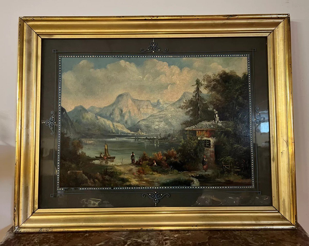 Large Painting Fixed Under Glass Depicting A Lake View With The Alps In The Background (b)