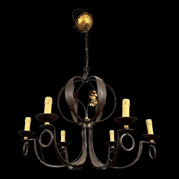 Large Vintage Astrolabe Chandelier In Lacquered And Gilded Iron -photo-3