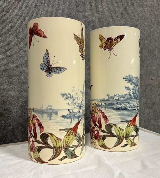 Lunéville: Paire De Vases Rouleaux En Porcelaine époque Art Nouveau 