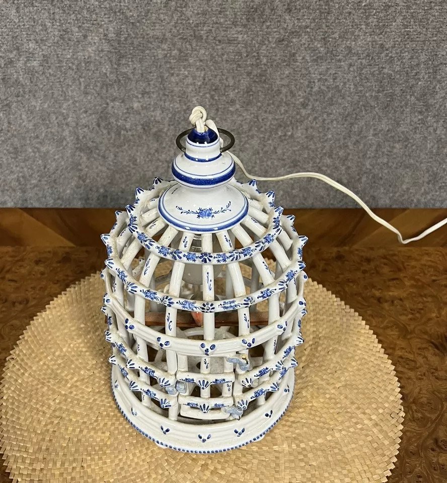 Bird Cage Chandelier In Desvres Earthenware With Blue Decorations On A White Background-photo-1