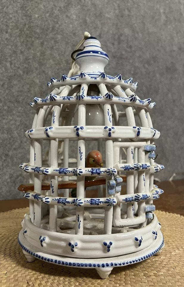 Bird Cage Chandelier In Desvres Earthenware With Blue Decorations On A White Background-photo-3