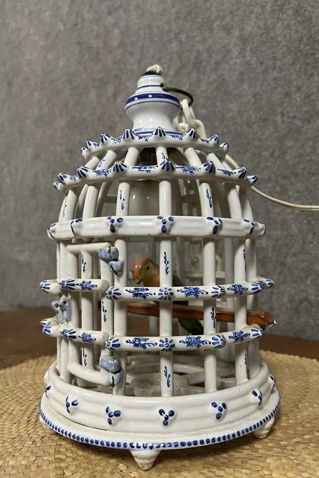 Bird Cage Chandelier In Desvres Earthenware With Blue Decorations On A White Background-photo-4