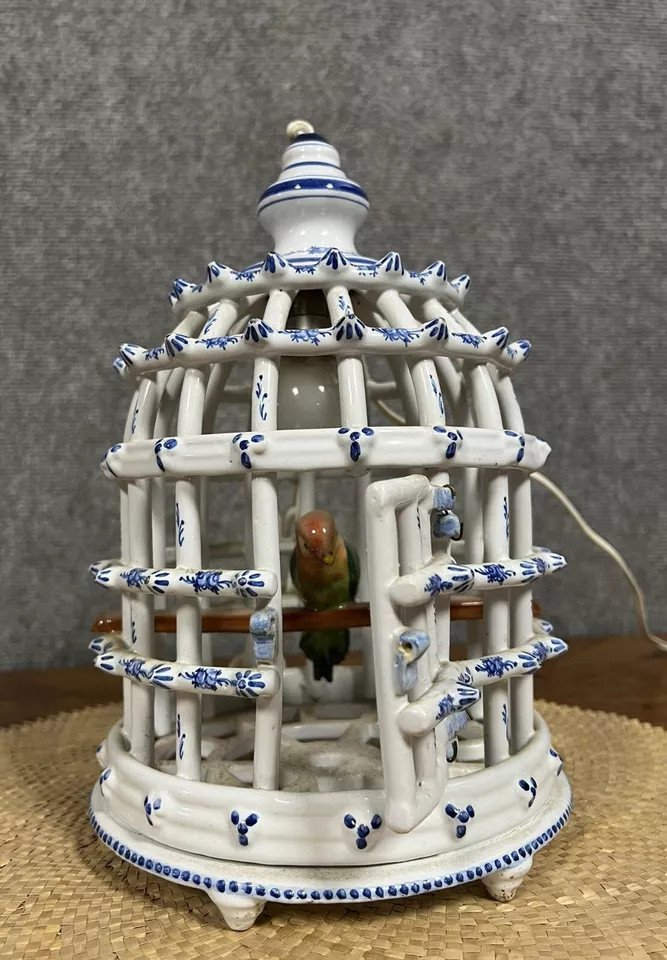 Bird Cage Chandelier In Desvres Earthenware With Blue Decorations On A White Background-photo-5