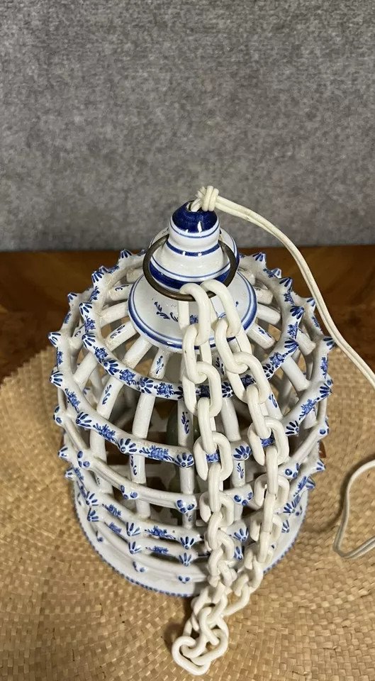 Bird Cage Chandelier In Desvres Earthenware With Blue Decorations On A White Background-photo-7