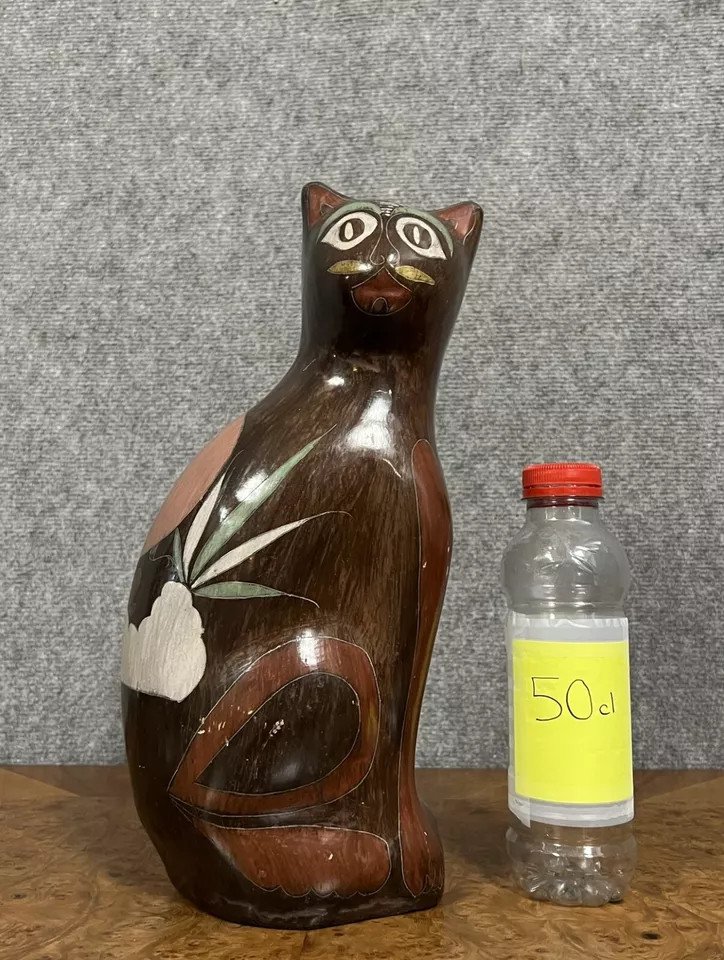 Ceramics From Talavara Pottery In Mexico / Large Vintage Cat In Black Earthenware-photo-3