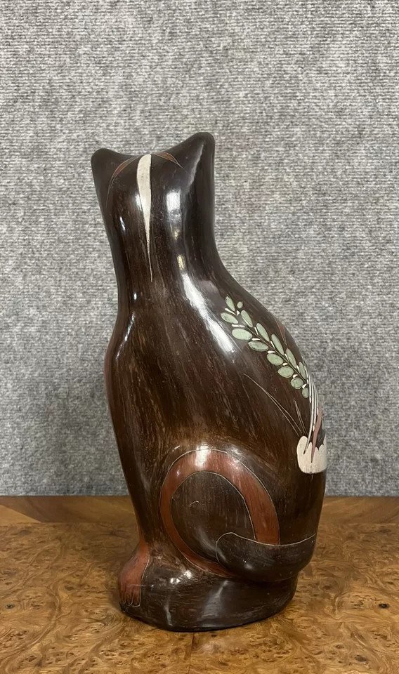 Ceramics From Talavara Pottery In Mexico / Large Vintage Cat In Black Earthenware-photo-5