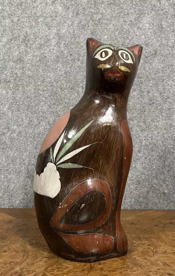 Ceramics From Talavara Pottery In Mexico / Large Vintage Cat In Black Earthenware