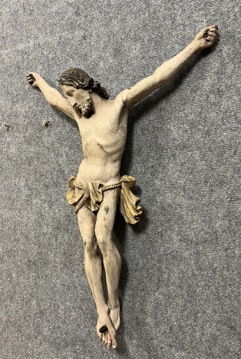 Large Polychrome Wooden Sculpture Of Christ On The Cross, 17th Century -photo-2