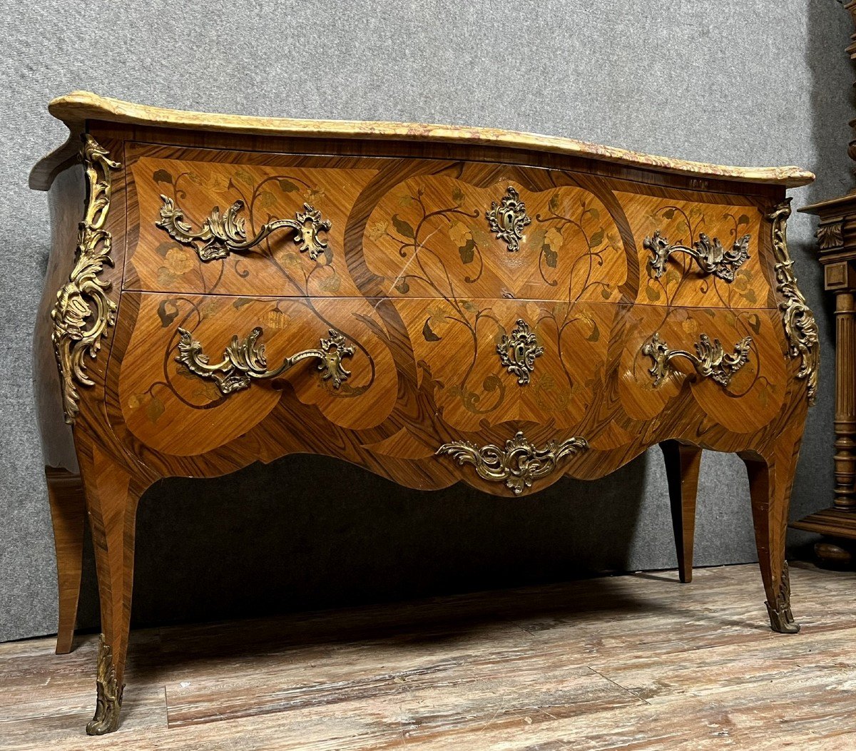 Very Large Louis XV Style Curved Chest Of Drawers In Marquetry (152cm)-photo-3