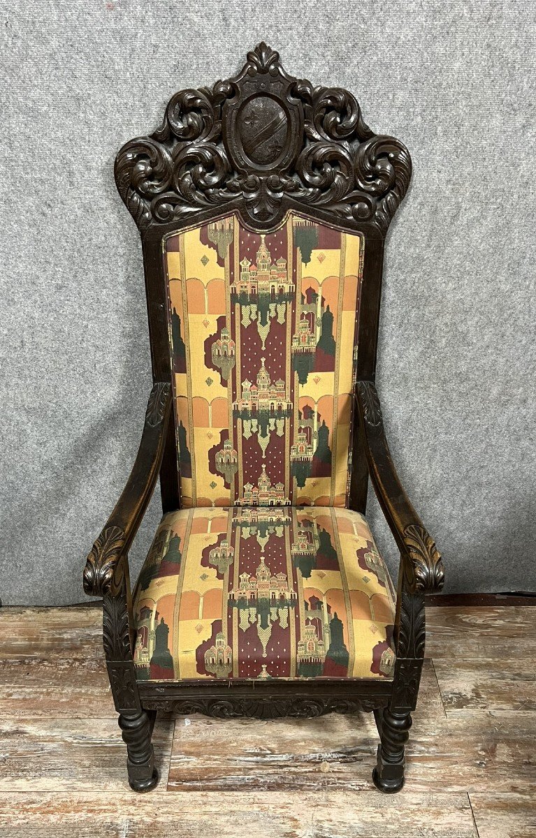 Rare Et Important Fauteuil Trône Au Blason De Style Renaissance En Bois Sculpté -photo-1