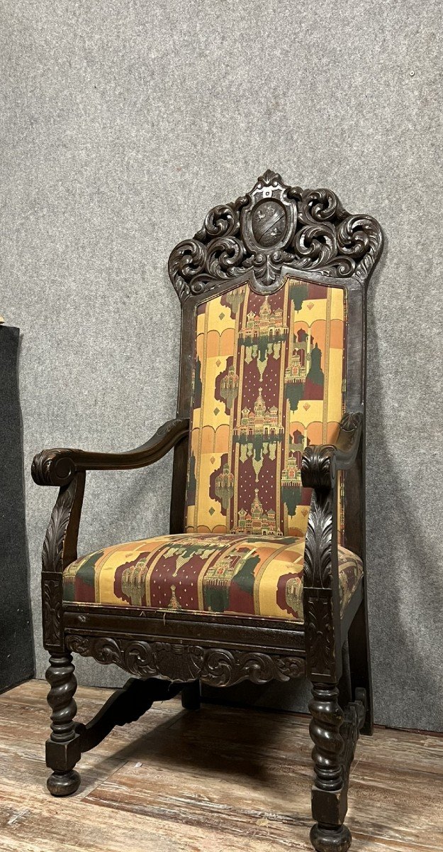 Rare Et Important Fauteuil Trône Au Blason De Style Renaissance En Bois Sculpté -photo-2