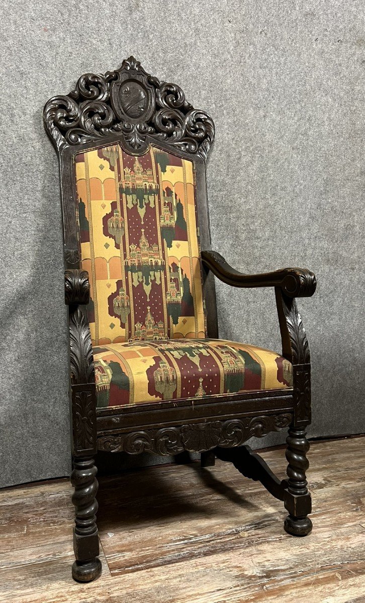 Rare Et Important Fauteuil Trône Au Blason De Style Renaissance En Bois Sculpté -photo-3