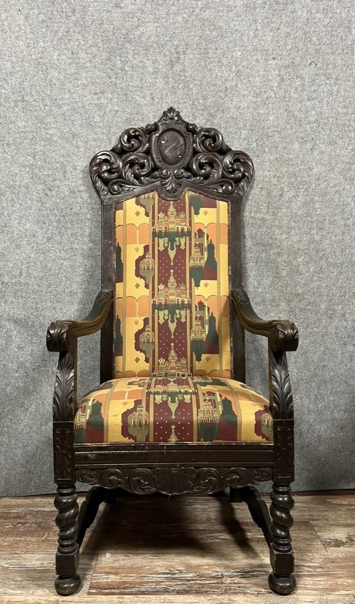 Rare Et Important Fauteuil Trône Au Blason De Style Renaissance En Bois Sculpté 