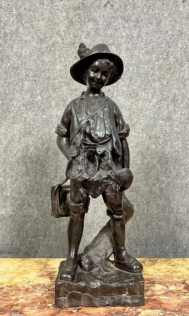 Auguste Cace: Large Bronze Of A Child Hunter Signed-photo-1