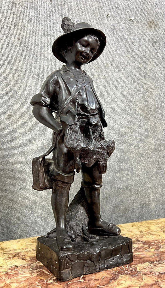 Auguste Cace: Large Bronze Of A Child Hunter Signed-photo-2