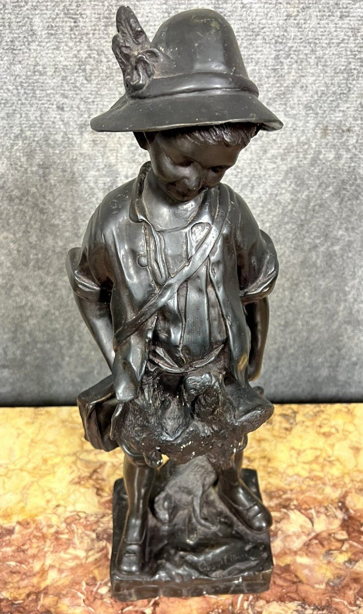 Auguste Cace: Large Bronze Of A Child Hunter Signed-photo-4