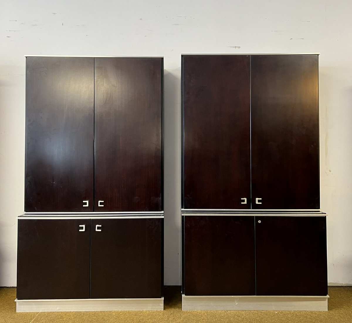 Pair Of Cabinets From An Executive Office Set In Mahogany And Steel, Abbondinterni Italy