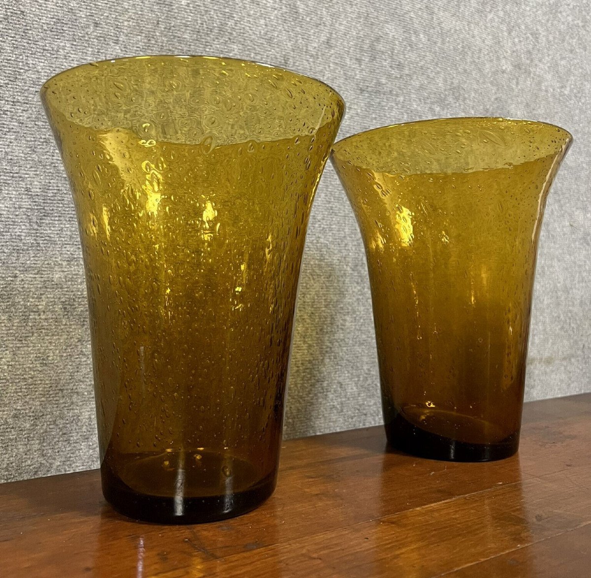 Biot: Large Pair Of Blown Bubble Vases With Ochre Base-photo-1