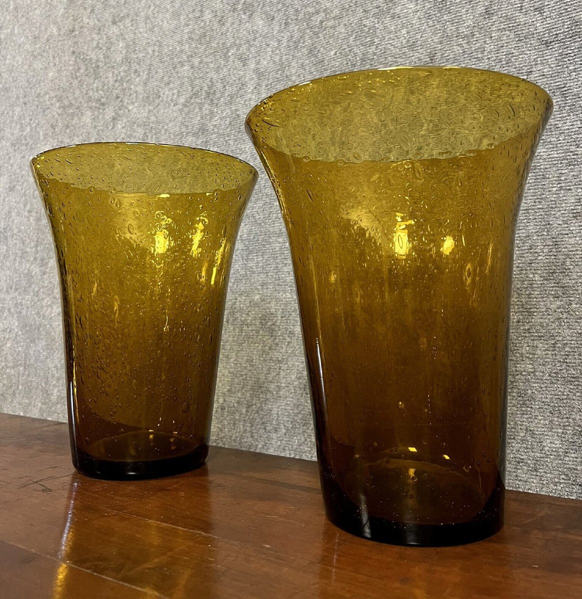 Biot: Large Pair Of Blown Bubble Vases With Ochre Base-photo-2