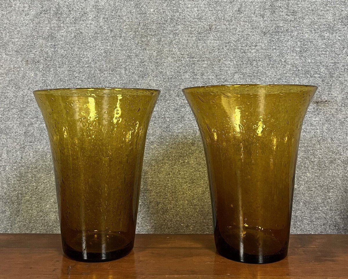 Biot: Large Pair Of Blown Bubble Vases With Ochre Base