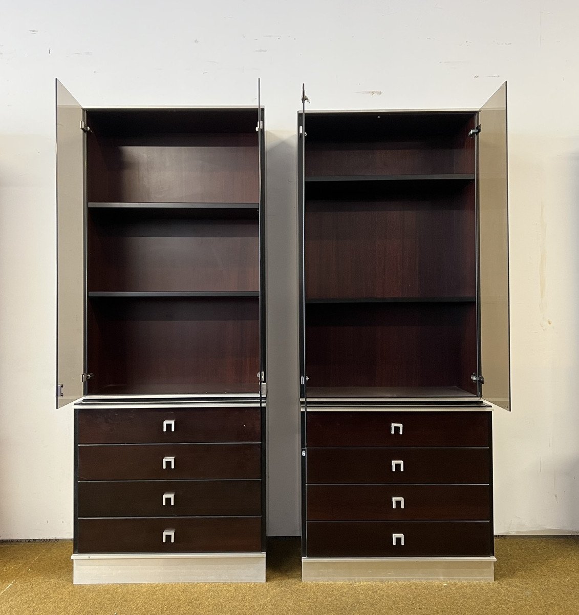 Pair Of Bookcases From A Desk Set In Mahogany And Steel, Abbondinterni Publisher Italy-photo-4