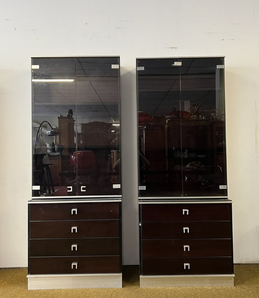 Pair Of Bookcases From A Desk Set In Mahogany And Steel, Abbondinterni Publisher Italy