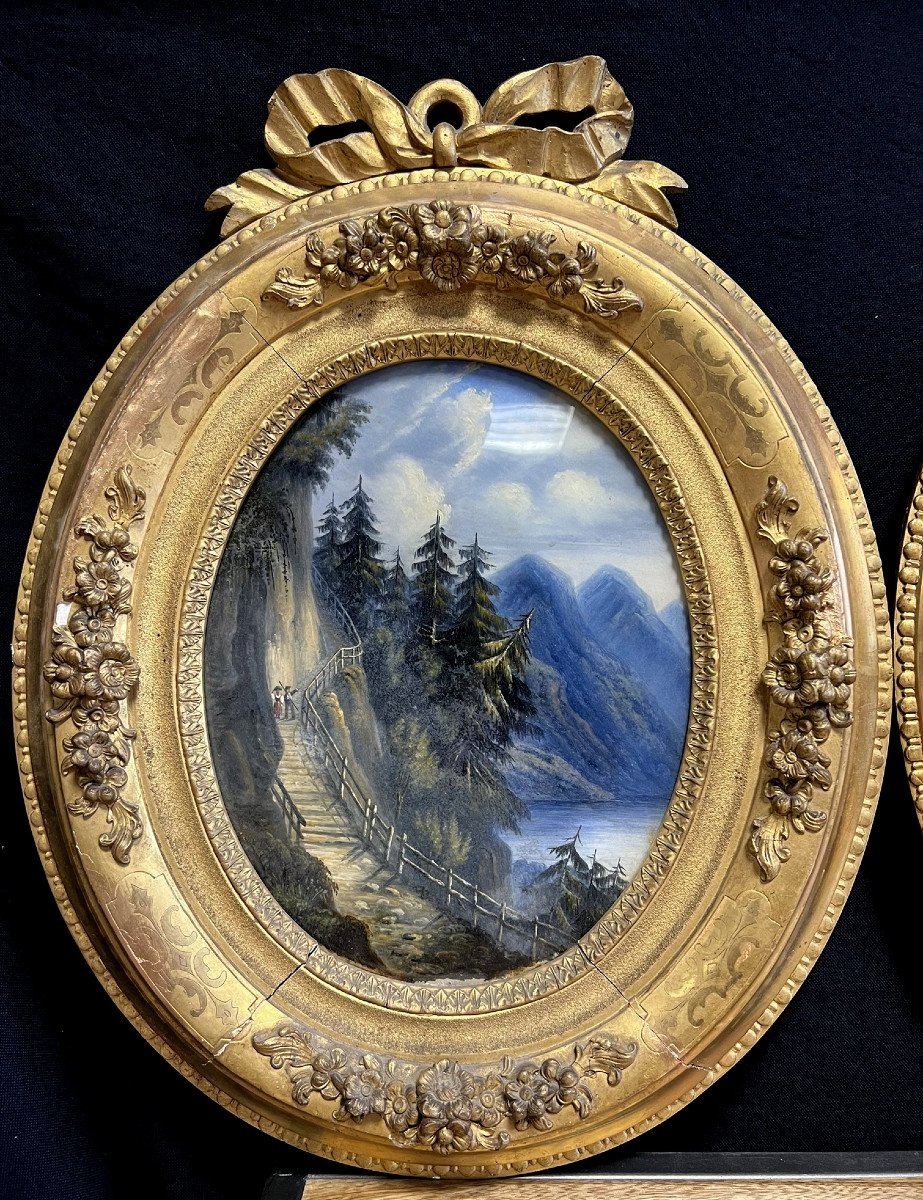 Rare Pair Of Oval Paintings Fixed Under Glass, 19th Century -photo-4