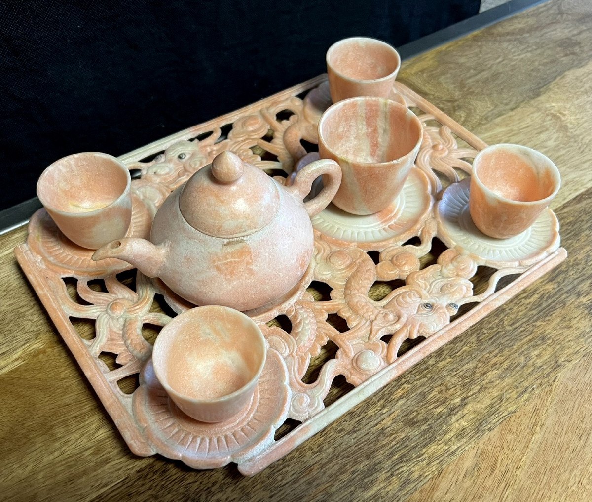 Tableware / Asian Art: Very Rare Chinese Tea Set In Sichuan Marble-photo-3