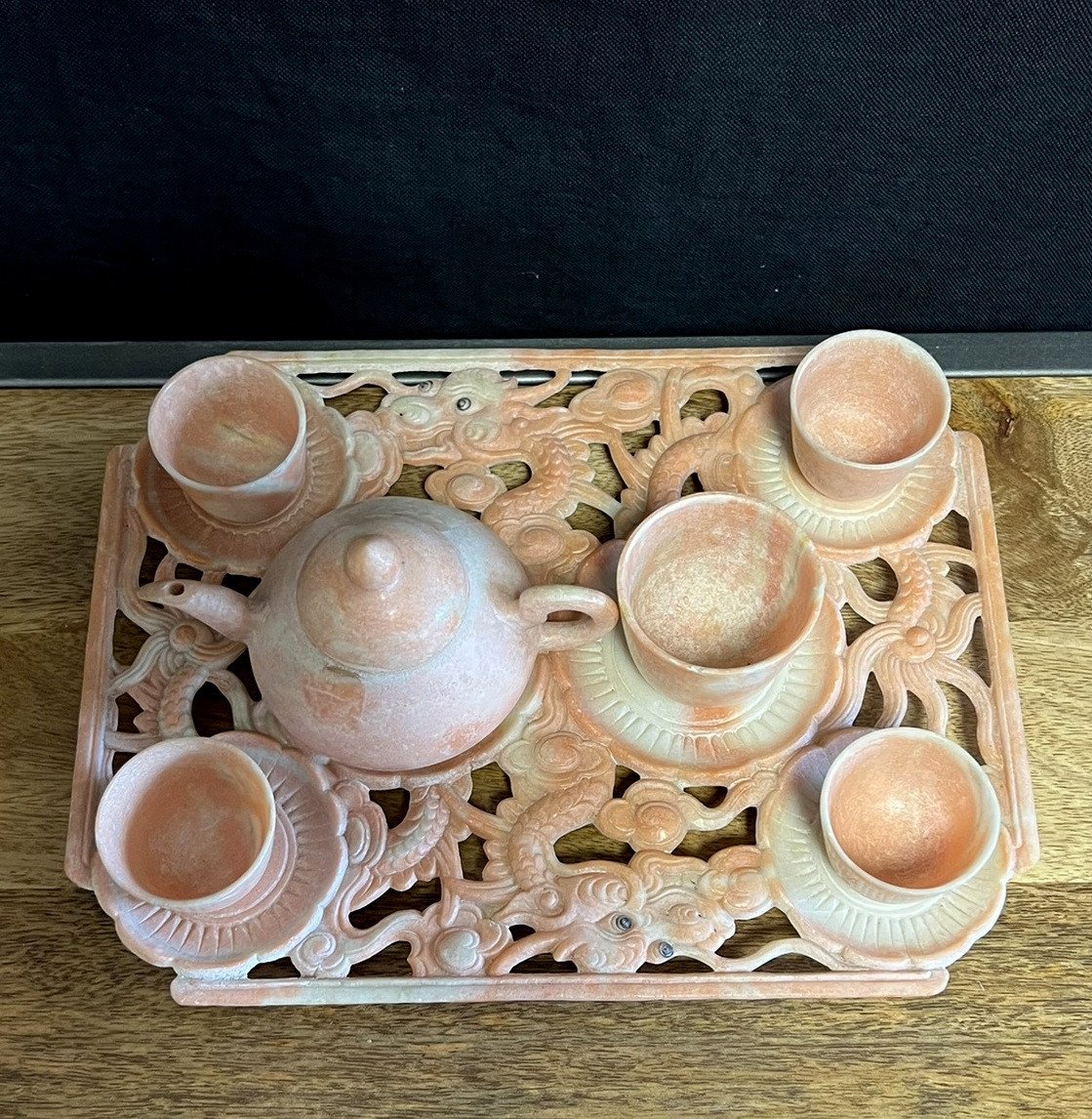 Tableware / Asian Art: Very Rare Chinese Tea Set In Sichuan Marble