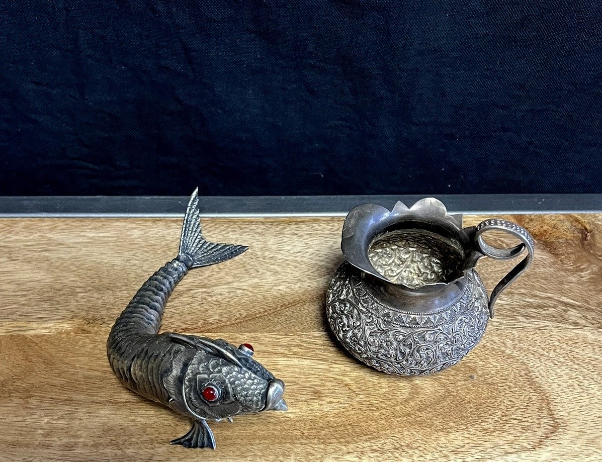 Asian Art, Late 19th Century: Articulated Fish And Small Silver Jug  -photo-1