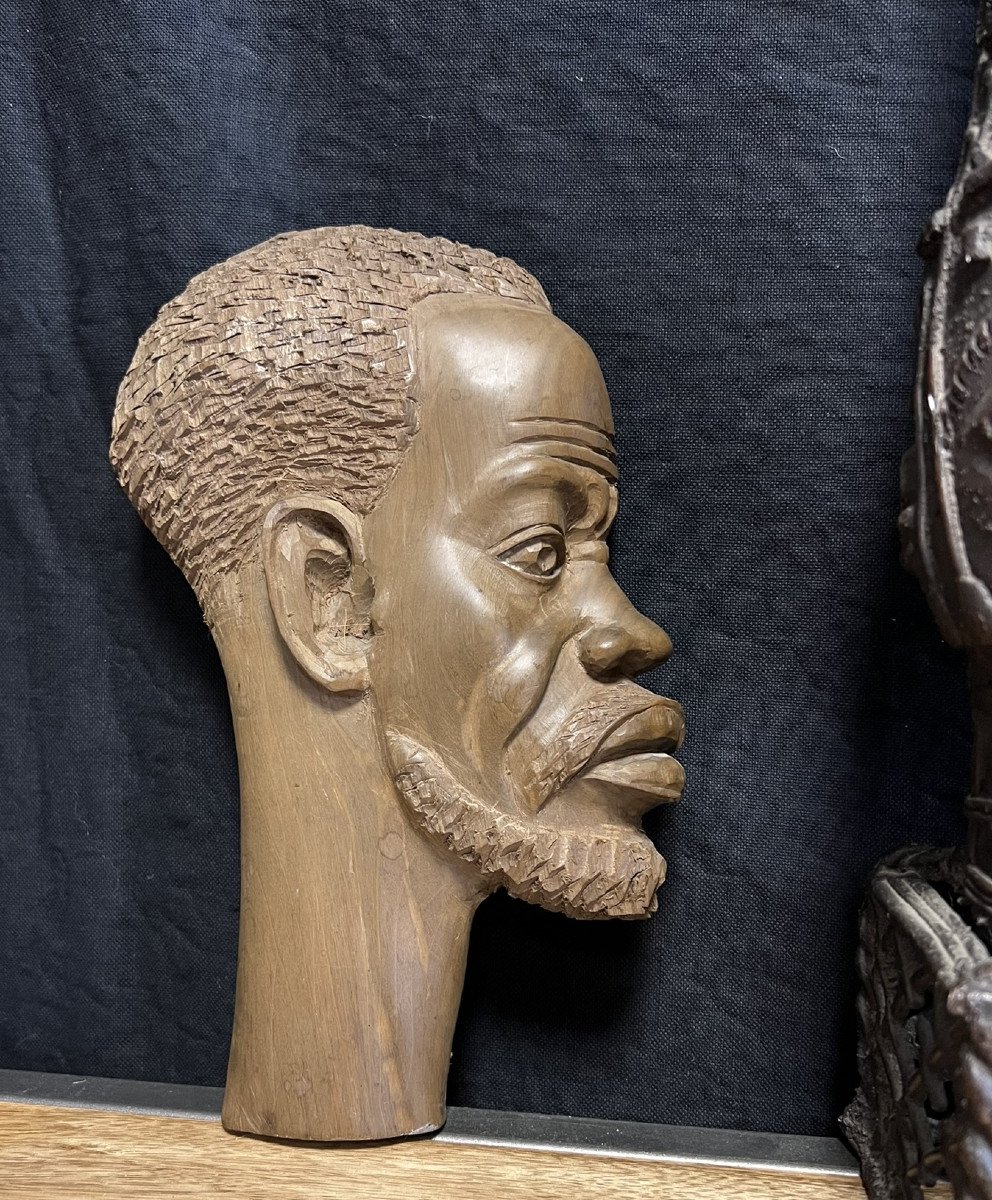 Art Africain : Tête De Reine Du Royaume d'Ifé En Bronze + 2 Profils En Bois Sculpté-photo-4