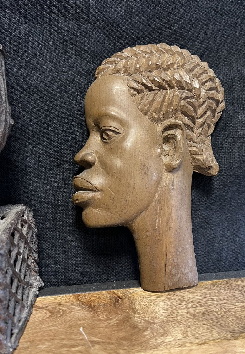 Art Africain : Tête De Reine Du Royaume d'Ifé En Bronze + 2 Profils En Bois Sculpté-photo-5