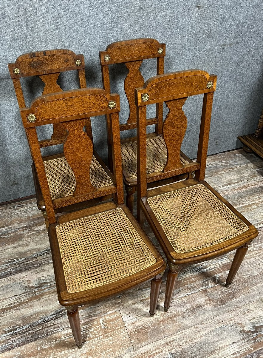 Krieger Paris: Set Of 4 Louis XVI Chairs In Burl, Rosewood And Walnut -photo-2