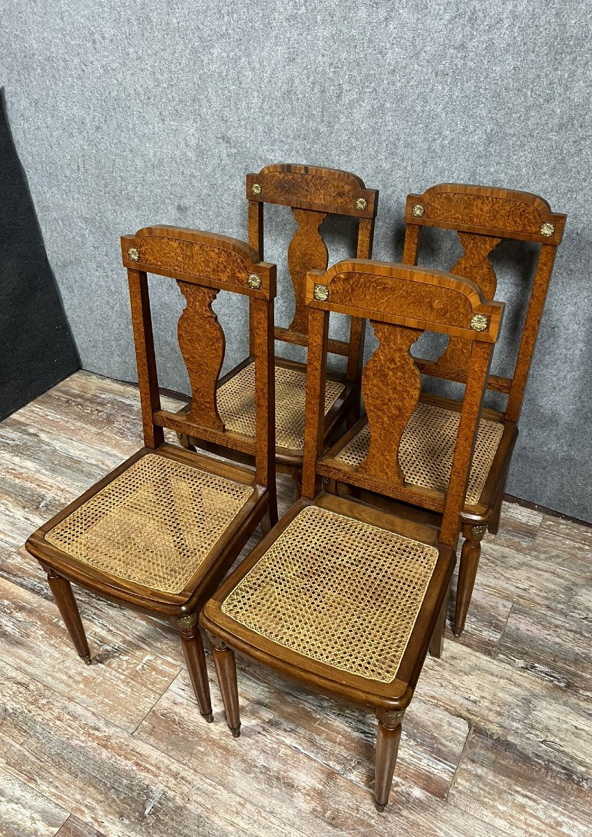 Krieger Paris: Set Of 4 Louis XVI Chairs In Burl, Rosewood And Walnut -photo-3