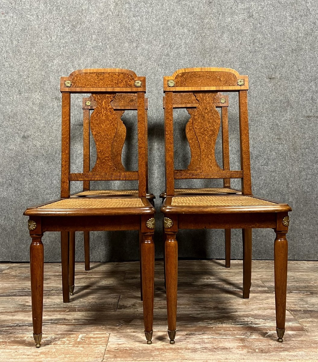 Krieger Paris: Set Of 4 Louis XVI Chairs In Burl, Rosewood And Walnut 