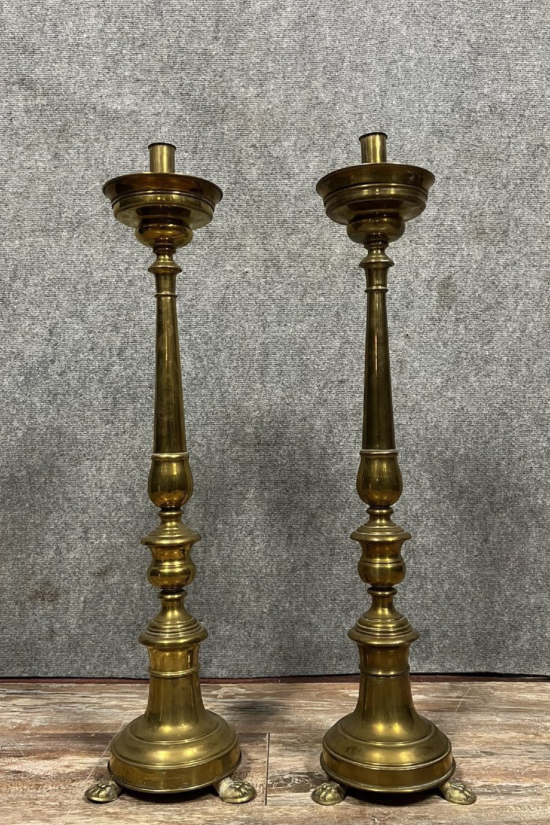 Large Pair Of Italian Candlesticks In Bronze And Brass, 18th Century  -photo-1