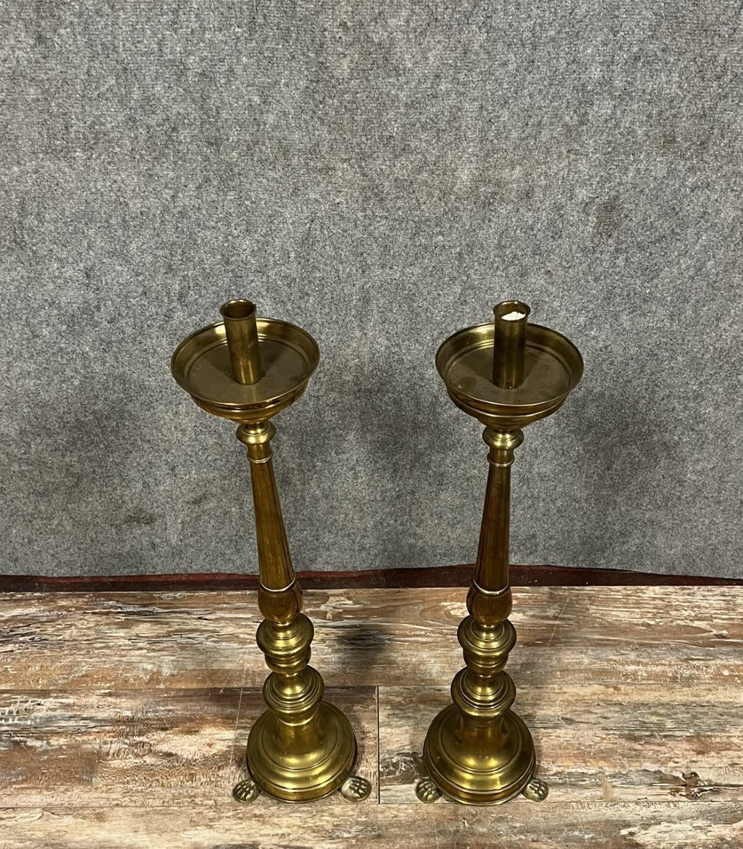 Large Pair Of Italian Candlesticks In Bronze And Brass, 18th Century  -photo-3