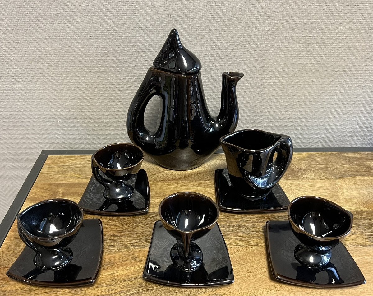 Vallauris Circa 1950: Rare Free Form Coffee Service In Black Glazed Ceramic  -photo-1