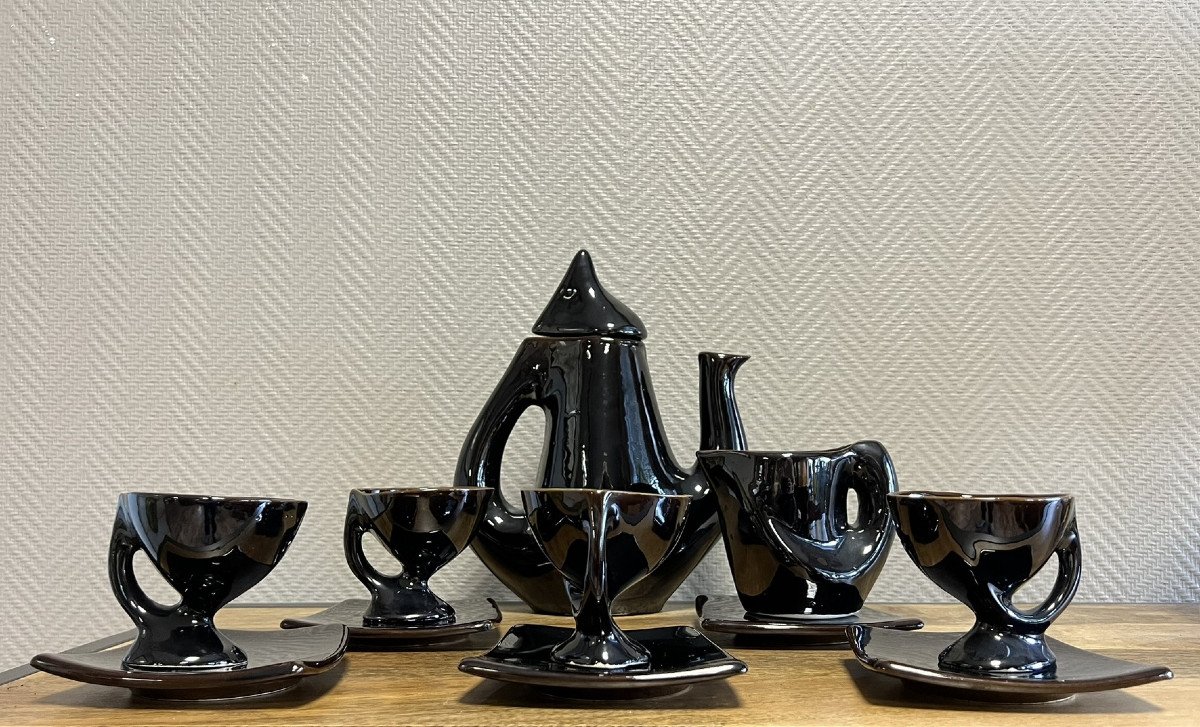 Vallauris Circa 1950: Rare Free Form Coffee Service In Black Glazed Ceramic  -photo-2