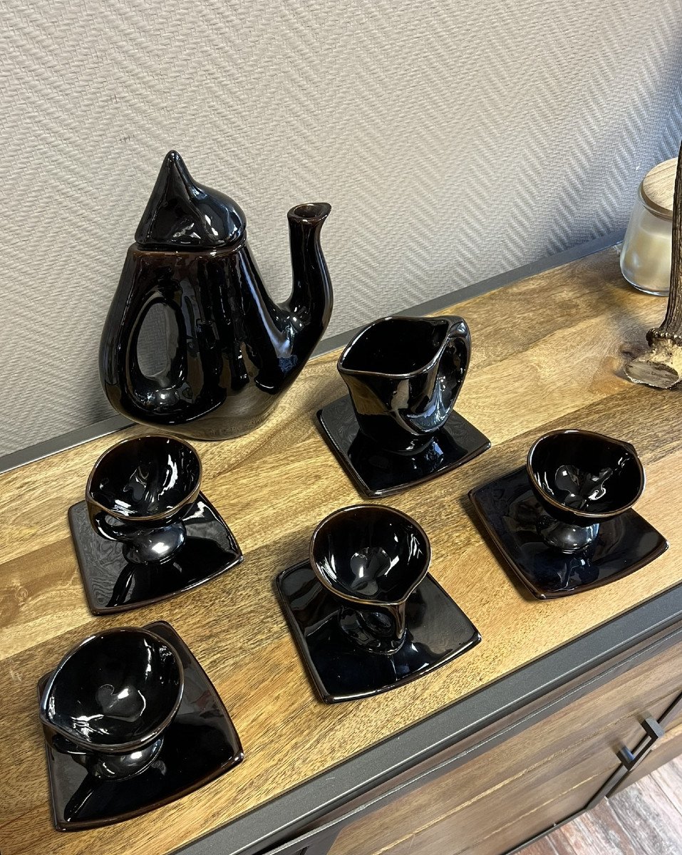 Vallauris Circa 1950: Rare Free Form Coffee Service In Black Glazed Ceramic  -photo-3