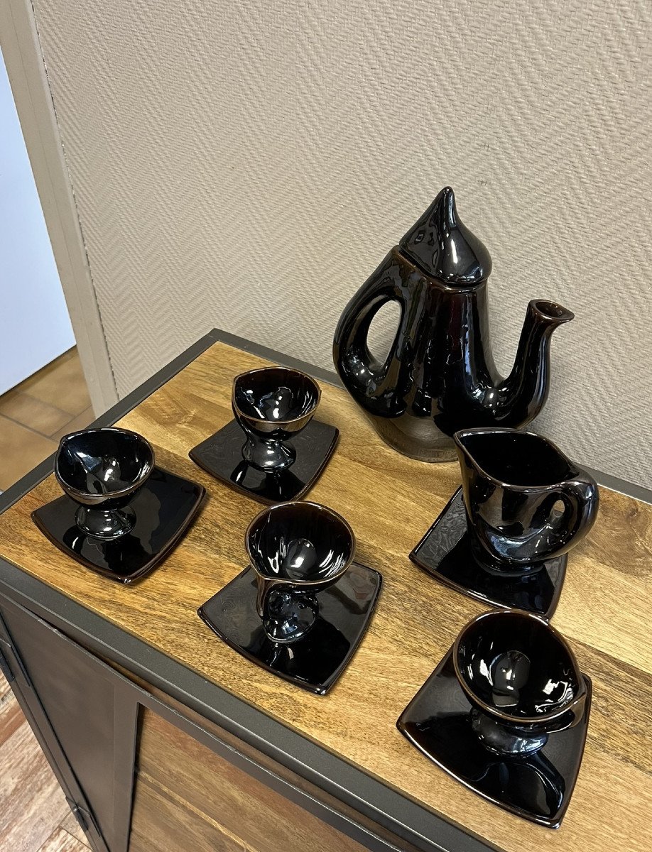 Vallauris Circa 1950: Rare Free Form Coffee Service In Black Glazed Ceramic  -photo-4