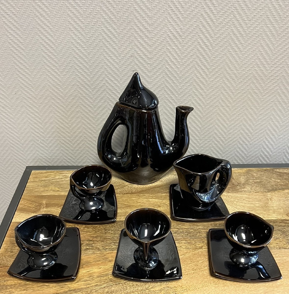 Vallauris Circa 1950: Rare Free Form Coffee Service In Black Glazed Ceramic  