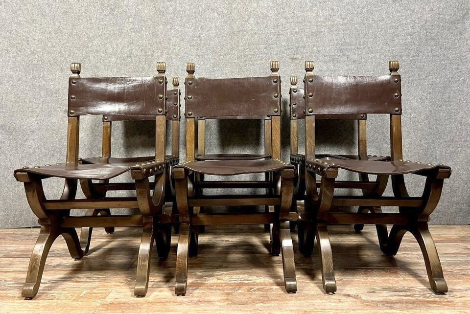 Set Of 6 Renaissance Style Chairs In Solid Wood And Leather, 19th Century, Circa 1850-photo-1