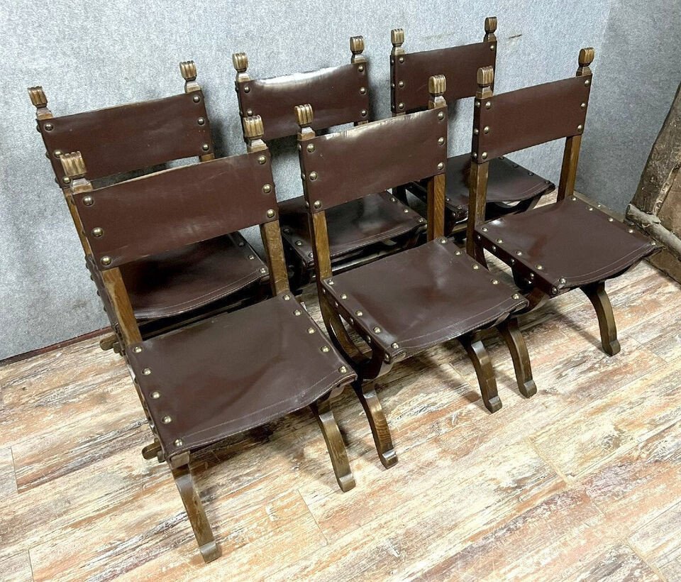 Set Of 6 Renaissance Style Chairs In Solid Wood And Leather, 19th Century, Circa 1850-photo-2