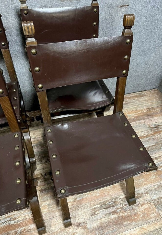 Set Of 6 Renaissance Style Chairs In Solid Wood And Leather, 19th Century, Circa 1850-photo-4