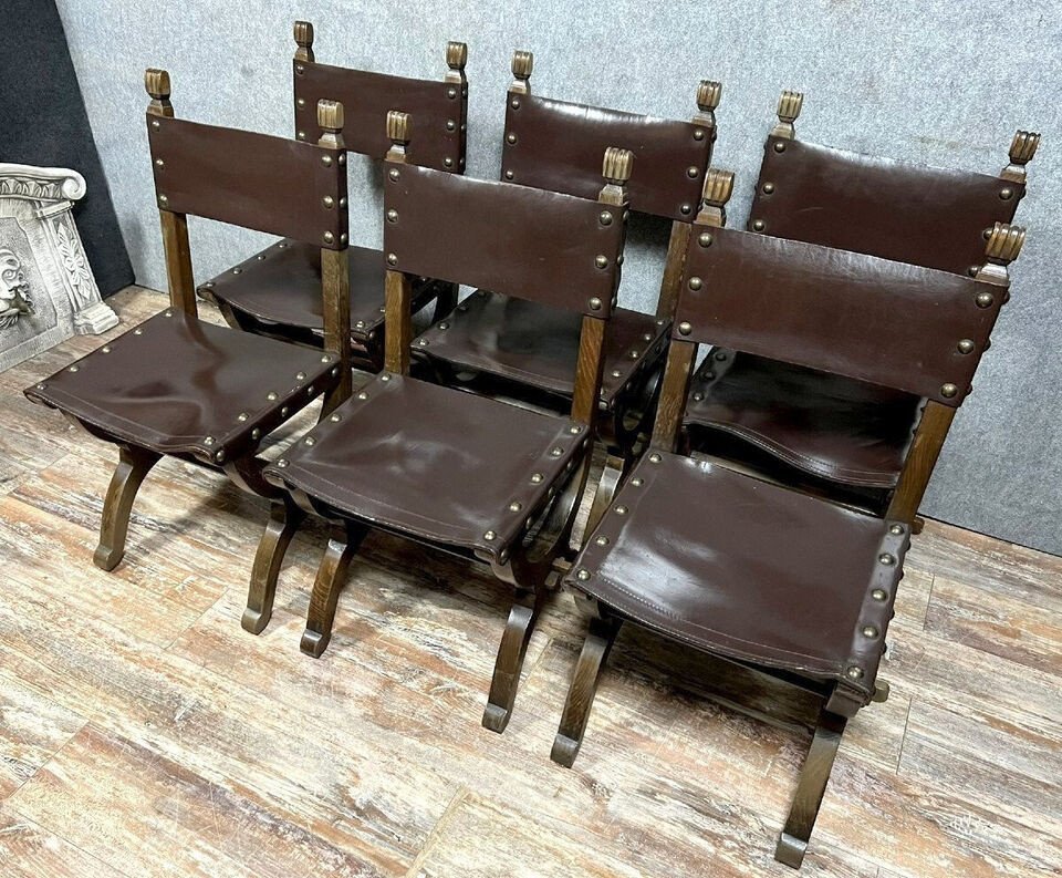 Set Of 6 Renaissance Style Chairs In Solid Wood And Leather, 19th Century, Circa 1850-photo-5