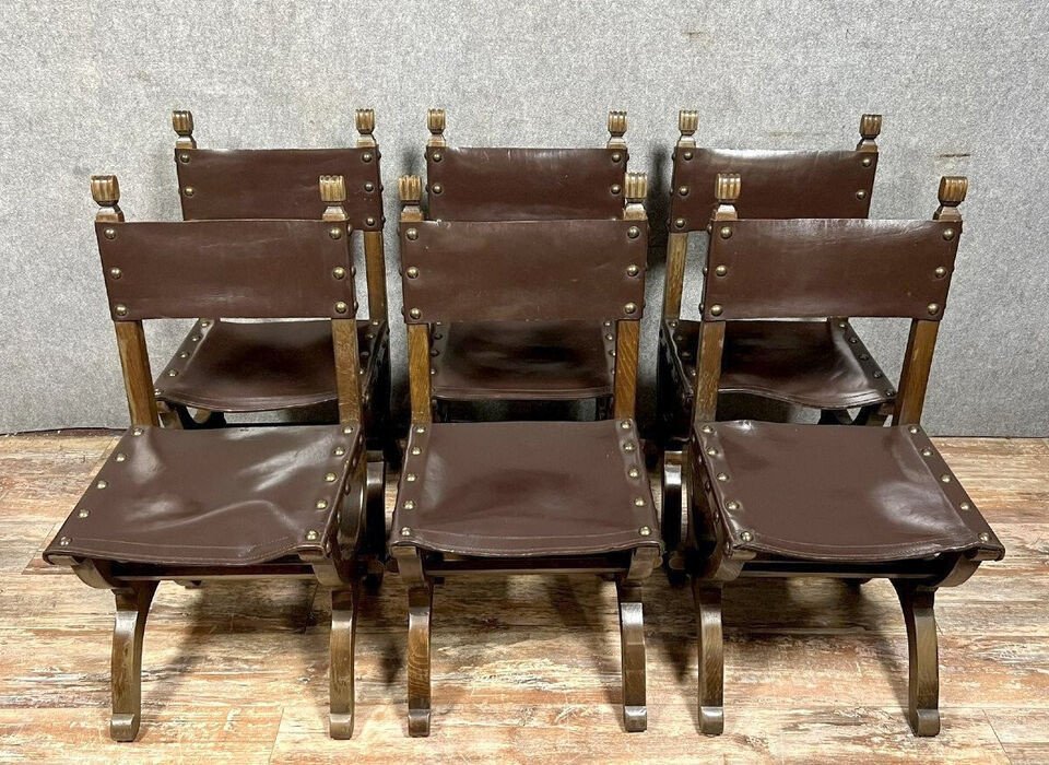 Set Of 6 Renaissance Style Chairs In Solid Wood And Leather, 19th Century, Circa 1850