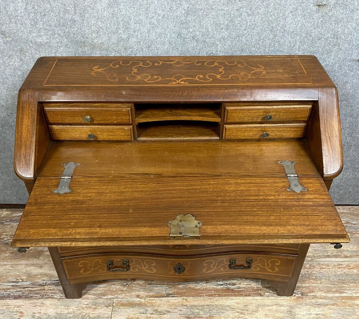 Louis XV Curved Marquetry Scriban Chest Of Drawers-photo-1