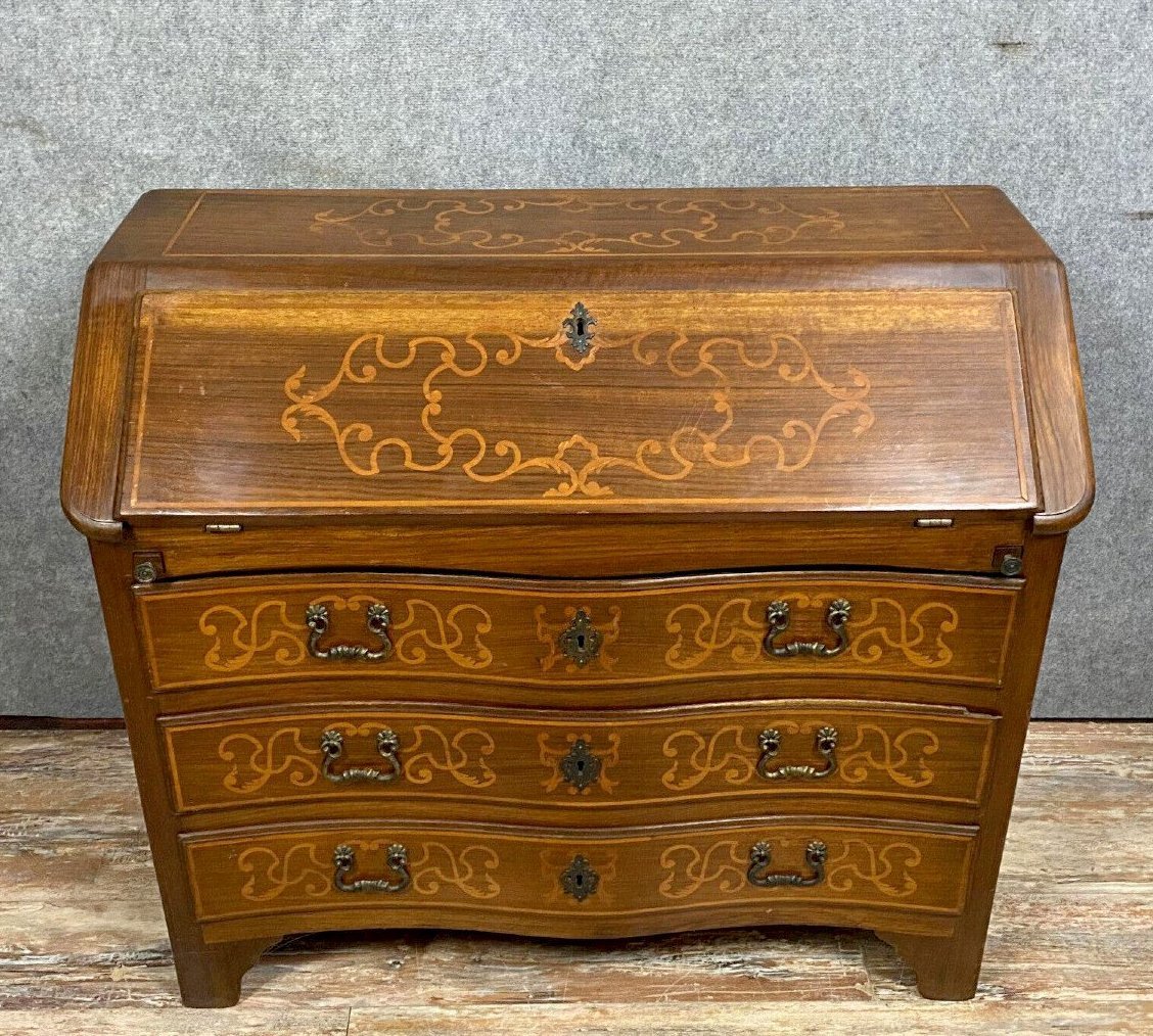 Louis XV Curved Marquetry Scriban Chest Of Drawers-photo-2