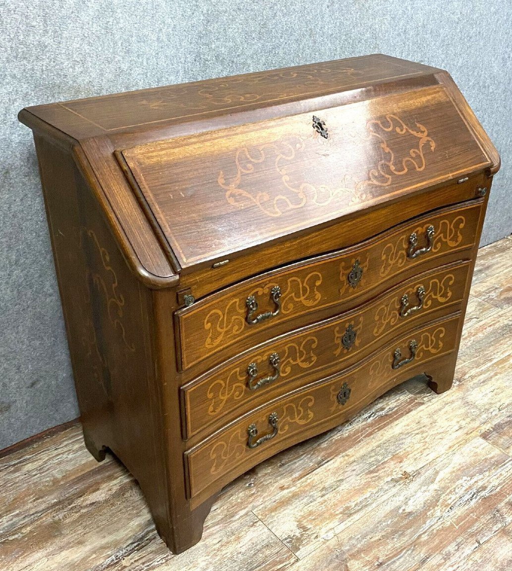 Louis XV Curved Marquetry Scriban Chest Of Drawers-photo-3